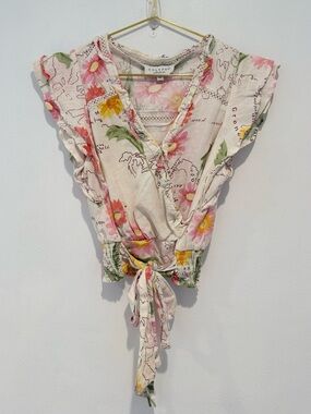 Calypso St. Barth Floral Wrap Blouse Flutter Cap Sleeve Size XS
